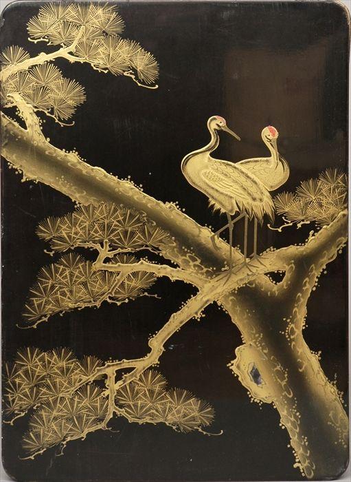 Appraisal: Japanese Lacquer Box and Cover with Gilt Cranes on Pine