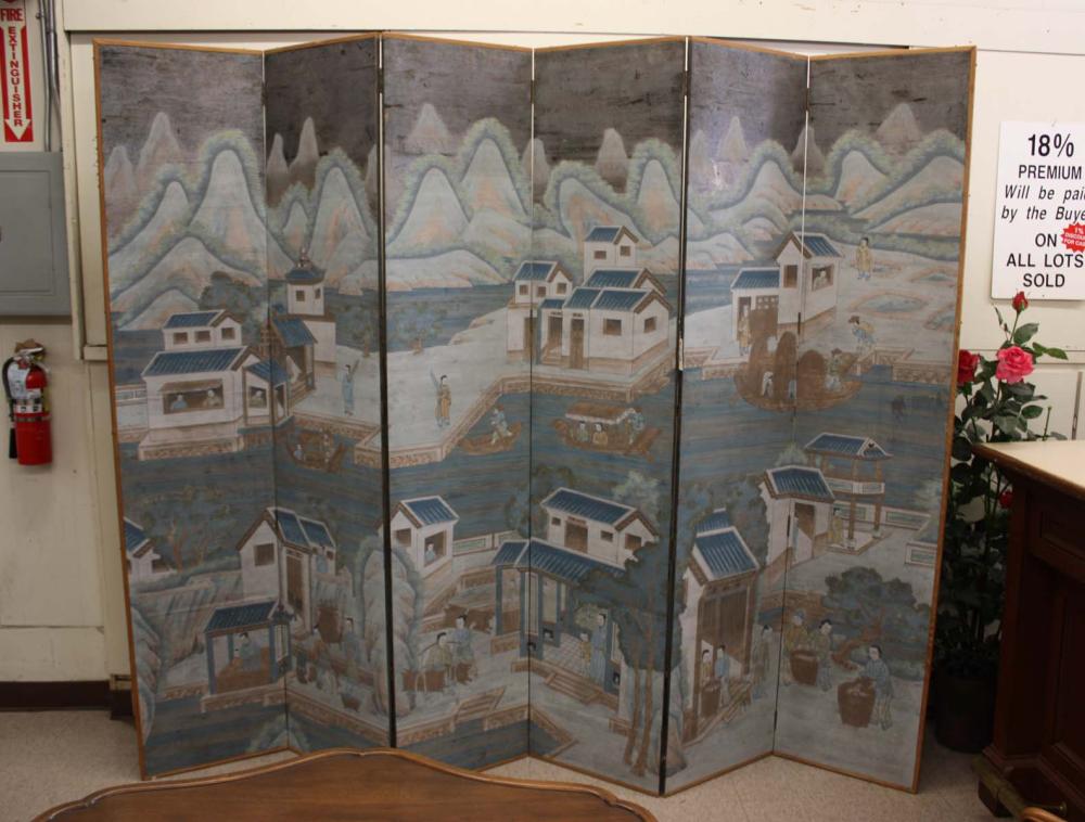 Appraisal: CHINESE SIX PANEL FOLDING FLOOR SCREEN featuring a landscape painting