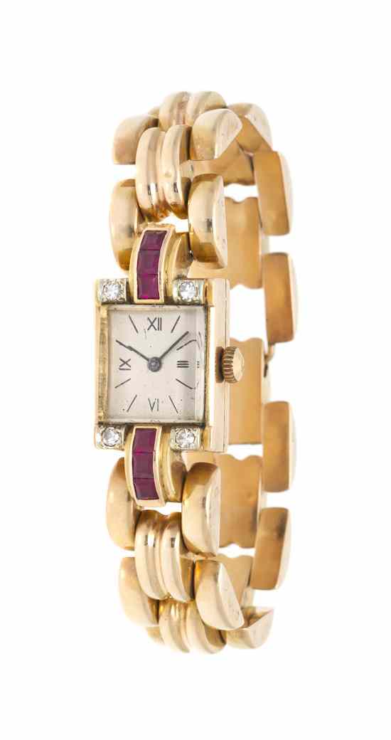 Appraisal: An Karat Rose Gold Synthetic Ruby and Diamond Wristwatch x