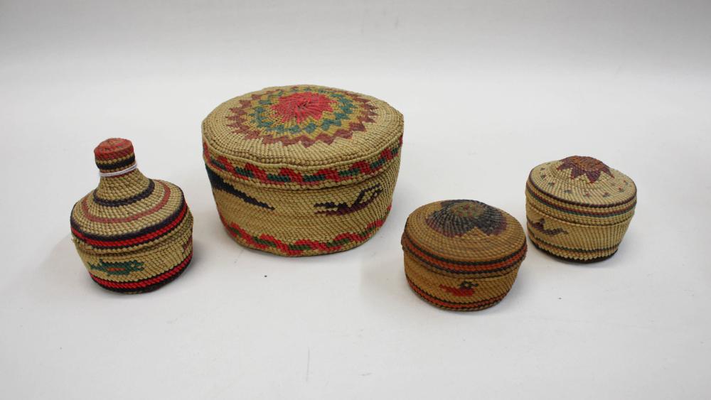 Appraisal: FOUR NORTHWEST NATIVE AMERICAN MAKAH COVERED BASKETS all hand woven