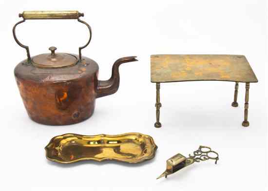 Appraisal: Three Brass Articles together with a copper tea kettle Height