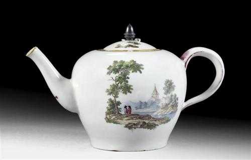 Appraisal: TEAPOT WITH LANDSCAPE DECORATION circa Painted with river landscape on