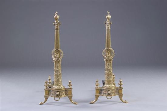 Appraisal: FRENCH NEOCLASSICAL BRASS ANDIRONS early th century Each with flame