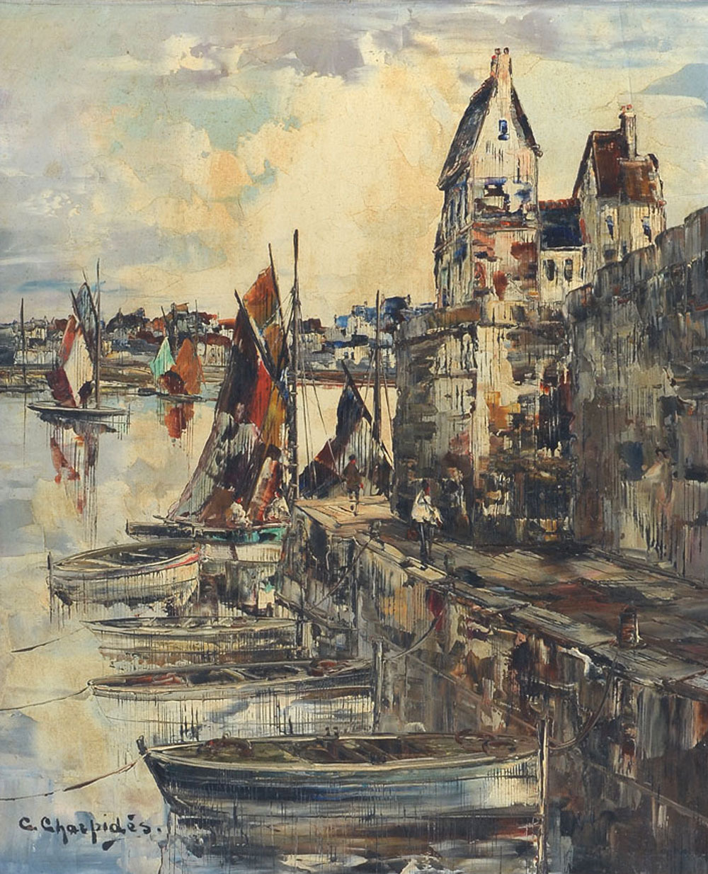 Appraisal: CHARPIDES Christo Greek - A colorful Oil Canvas entitled ''Port''