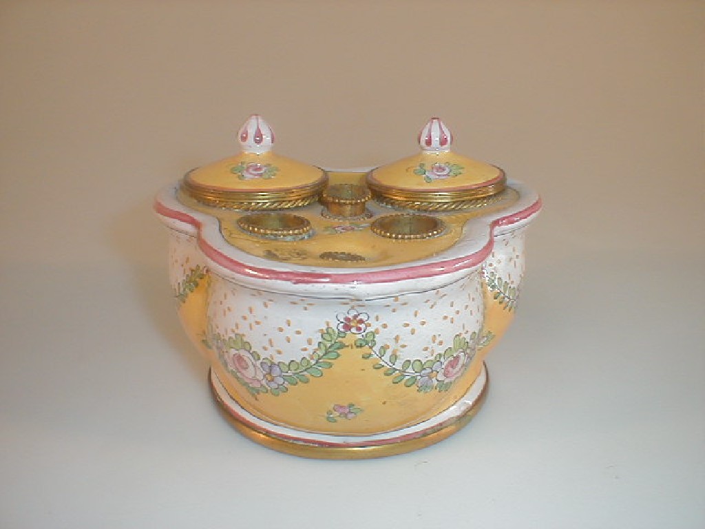 Appraisal: A thC French Faience metal mounted ink stand of trefoil