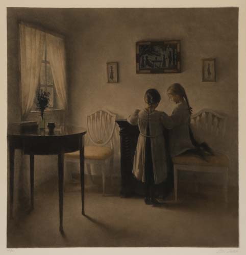 Appraisal: PETER ILSTED Two Little Girls Playing Color mezzotint on chine