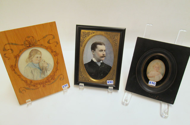 Appraisal: THREE MINIATURE PAINTINGS Oil on celluloid oval portrait of John