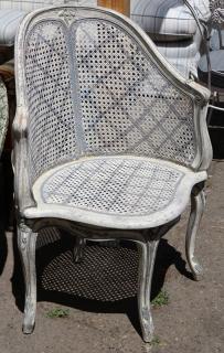 Appraisal: Louis XV style cream and pale-blue painted cane filled fauteuil