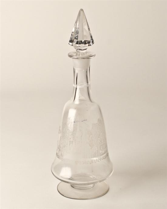 Appraisal: Etched Glass Decanter with coaching scene chips to stopper high