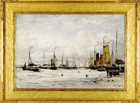 Appraisal: Hendrik-Willem Mesdag Dutch - FISHING FLEET OFF THE COAST watercolor