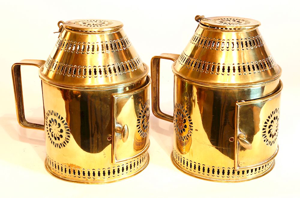 Appraisal: Pair of th c Pierced Brass Round Carrying Lanterns Exclusive