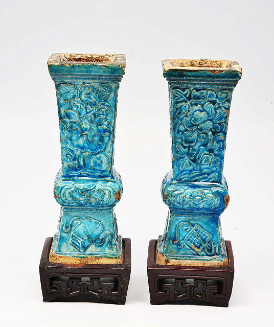 Appraisal: A PAIR OF CHINESE TURQUOISE SQUARE BALUSTER VASES with relief