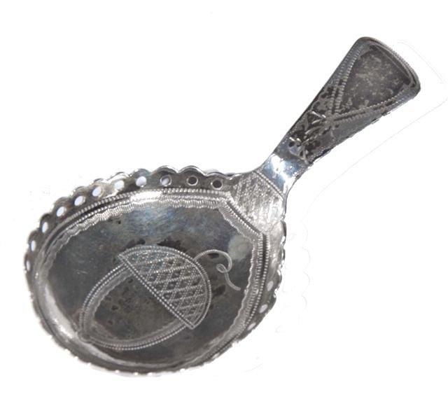 Appraisal: A GEORGE III SILVER CADDY SPOON with pierced bowl and