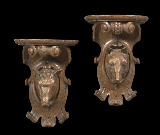 Appraisal: Pair Schwarzwald Elaborately Carved and Stained Oak Bracket Shelves fourth