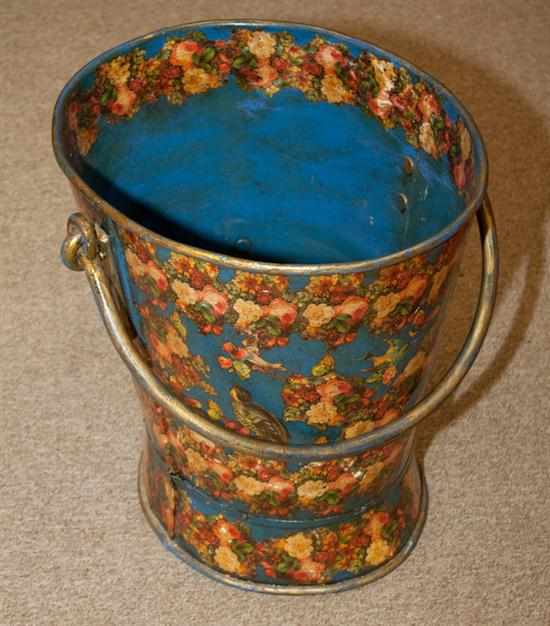 Appraisal: Victorian painted and decoupage decorated metal coal bucket Estimate -