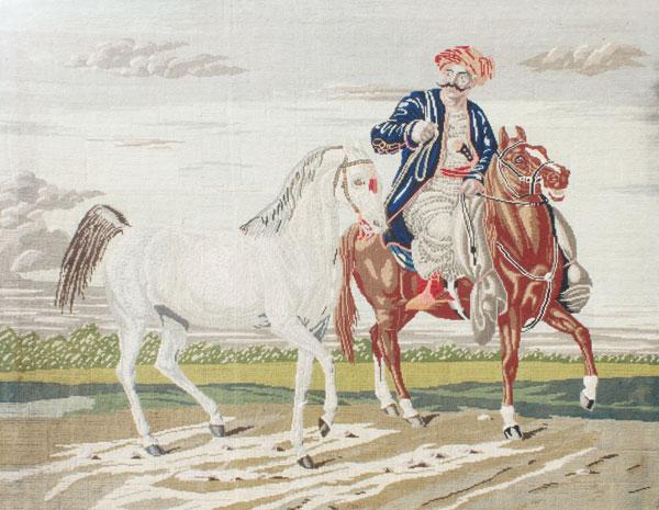 Appraisal: ORIENTALIST MOTIF PETIT POINT TAPESTRY Depicts an Arab Horse Trainer