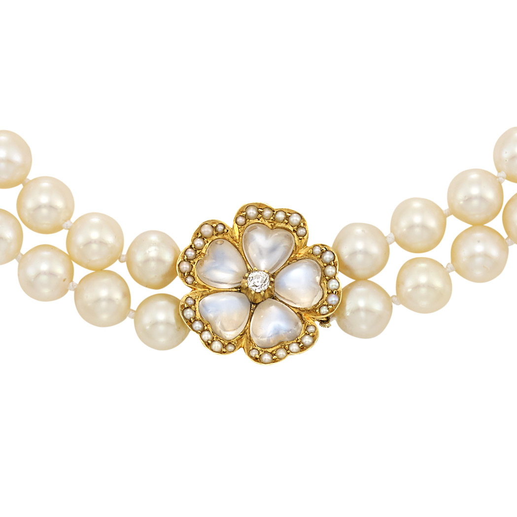 Appraisal: Double Strand Cultured Pearl Gold Moonstone Split Pearl and Diamond