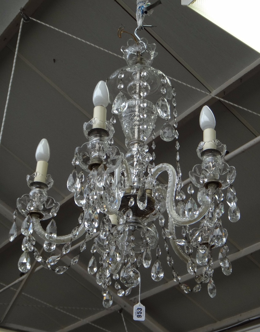 Appraisal: A cut glass five branch chandelier th century with a