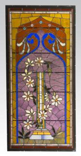 Appraisal: Leaded stained glass panel with flowers h Leaded stained glass