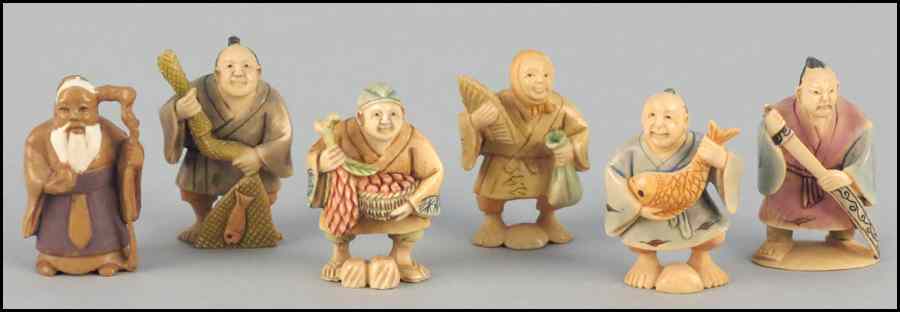 Appraisal: SIX JAPANESE CARVED AND PAINTED IVORY NETSUKE All are signed