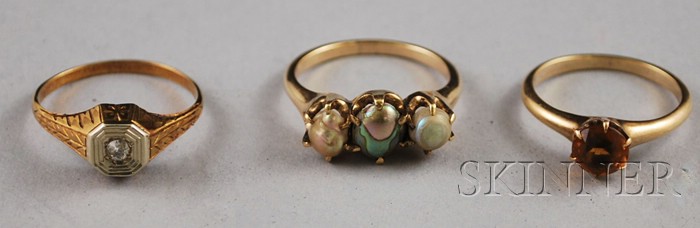 Appraisal: Three Antique kt Gold Rings a diamond ring a three-pearl