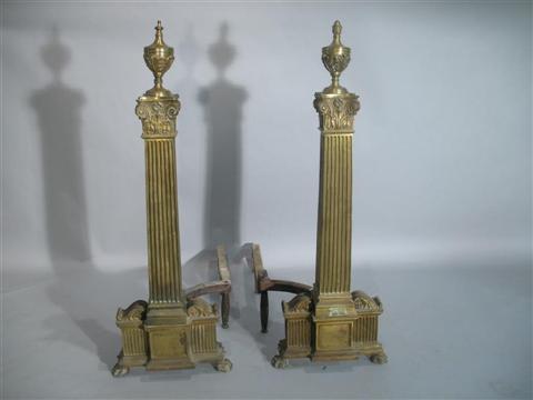 Appraisal: PAIR LARGE BRONZE DORE CLASSICAL ANDIRONS Each with acanthus leaf