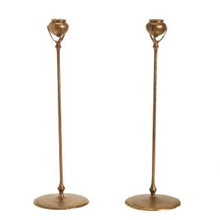 Appraisal: Pair Tiffany Studios NY gilt bronze candlesticks Pair Tiffany Studios