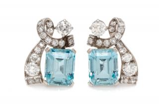 Appraisal: A Pair of Platinum Aquamarine and Diamond Earclips dwts A