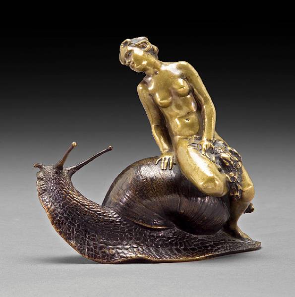 Appraisal: A French patinated bronze figure of a Snail Fairy after