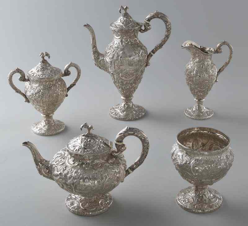 Appraisal: Pc Loring Andrews repousse sterling tea servicecomprised of teapot ''H