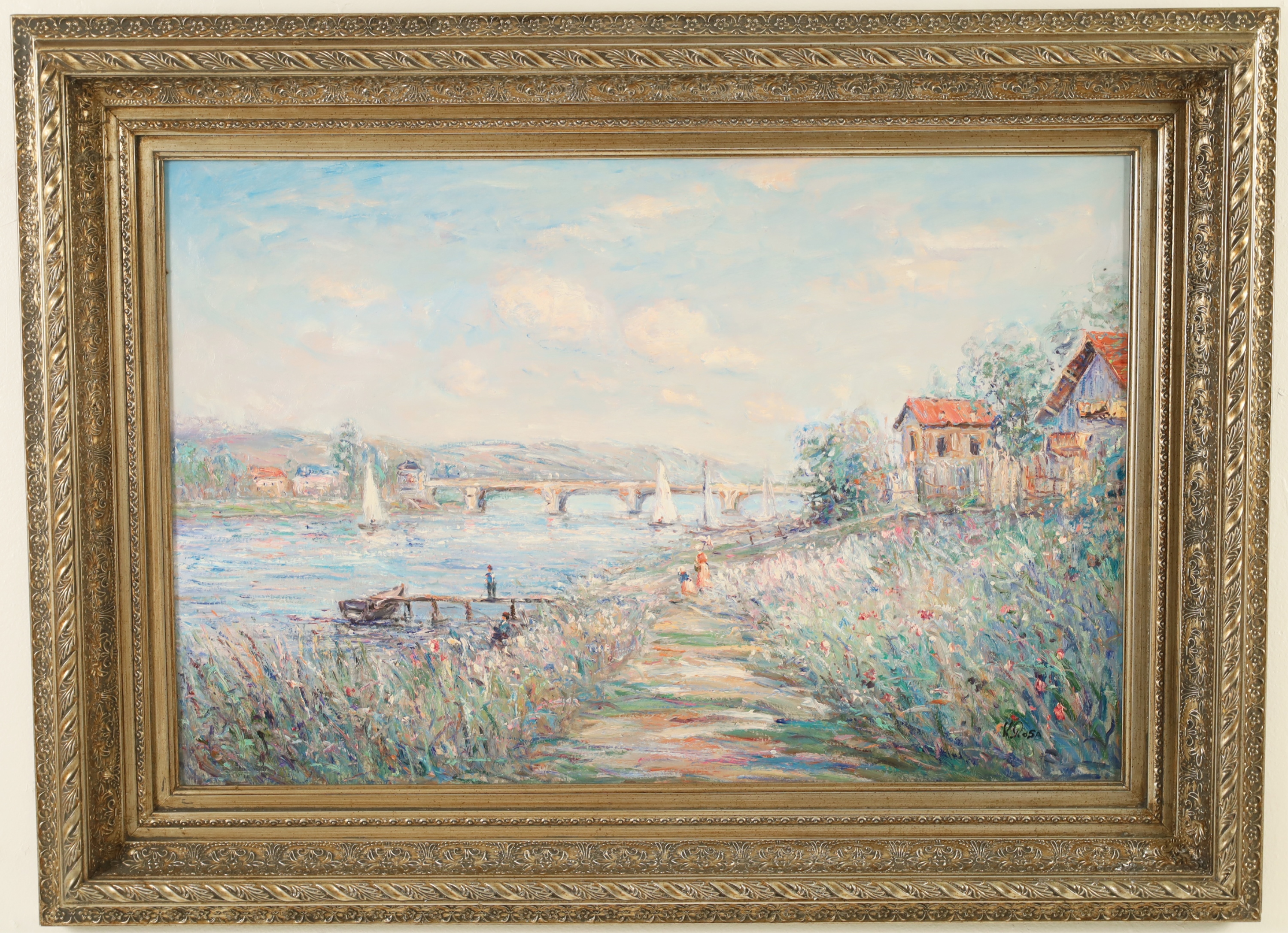 Appraisal: MONET STYLE O C RIVER SCENE PAINTING Framed oil on