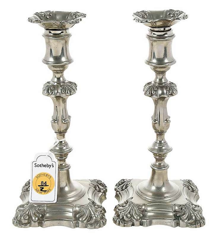 Appraisal: Pair of Paktong Candlesticks c fluted baluster form shaped square