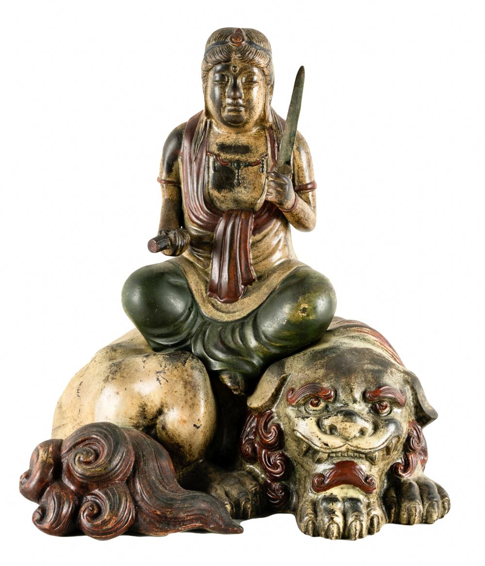 Appraisal: DEITY FOO DOG GROUPpainted bronze in two parts Condition with