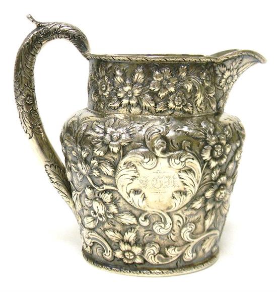 Appraisal: SIlVER S Kirk Son coin silver repousse pitcher inscribed on