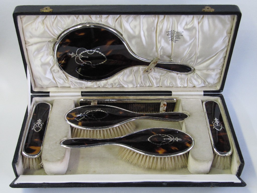 Appraisal: Cased six piece silver and tortoiseshell dressing table set Birmingham