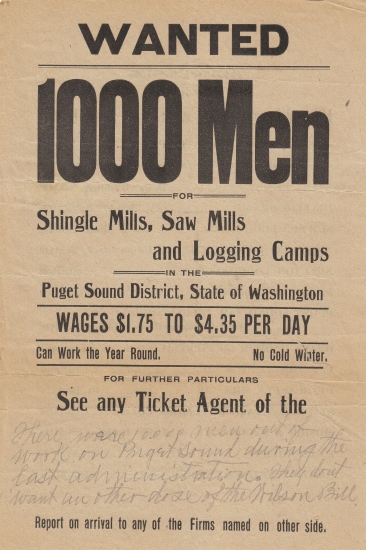 Appraisal: WASHINGTON STATE Wanted Men for Shingle Mills Saw Mills and