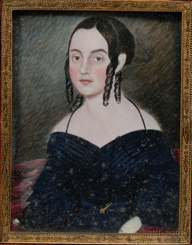 Appraisal: Portrait Miniature of a Young Woman Wearing a Dark Blue