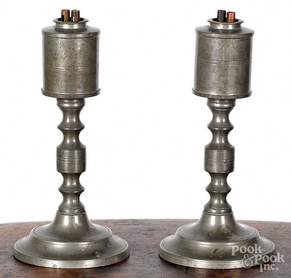 Appraisal: Pair of Dorchester Massachusetts pewter oil lamps Exclusive on Bidsquare