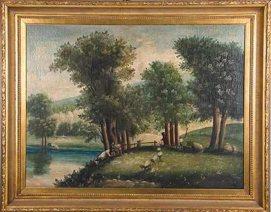 Appraisal: Mavique Peru b HERDERS IN SHADE oil on canvas framed