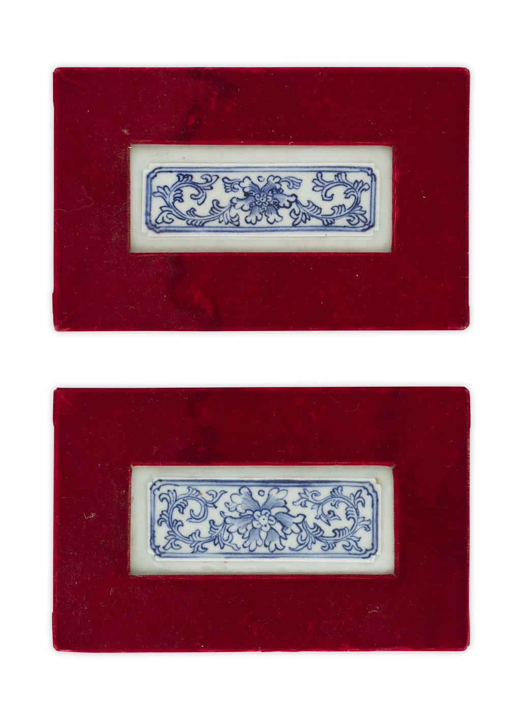 Appraisal: PAIR OF VELVET MOUNTED BLUE AND WHITE PANELS QING DYNASTY