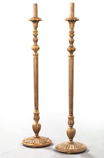 Appraisal: Pair of Italian Carved Wooden Floor Candlesticks gray painted and