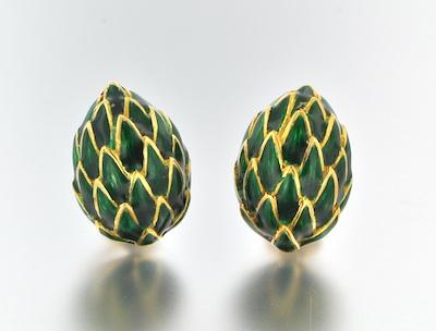 Appraisal: A Pair of Italian k Gold and Enamel Earclips k