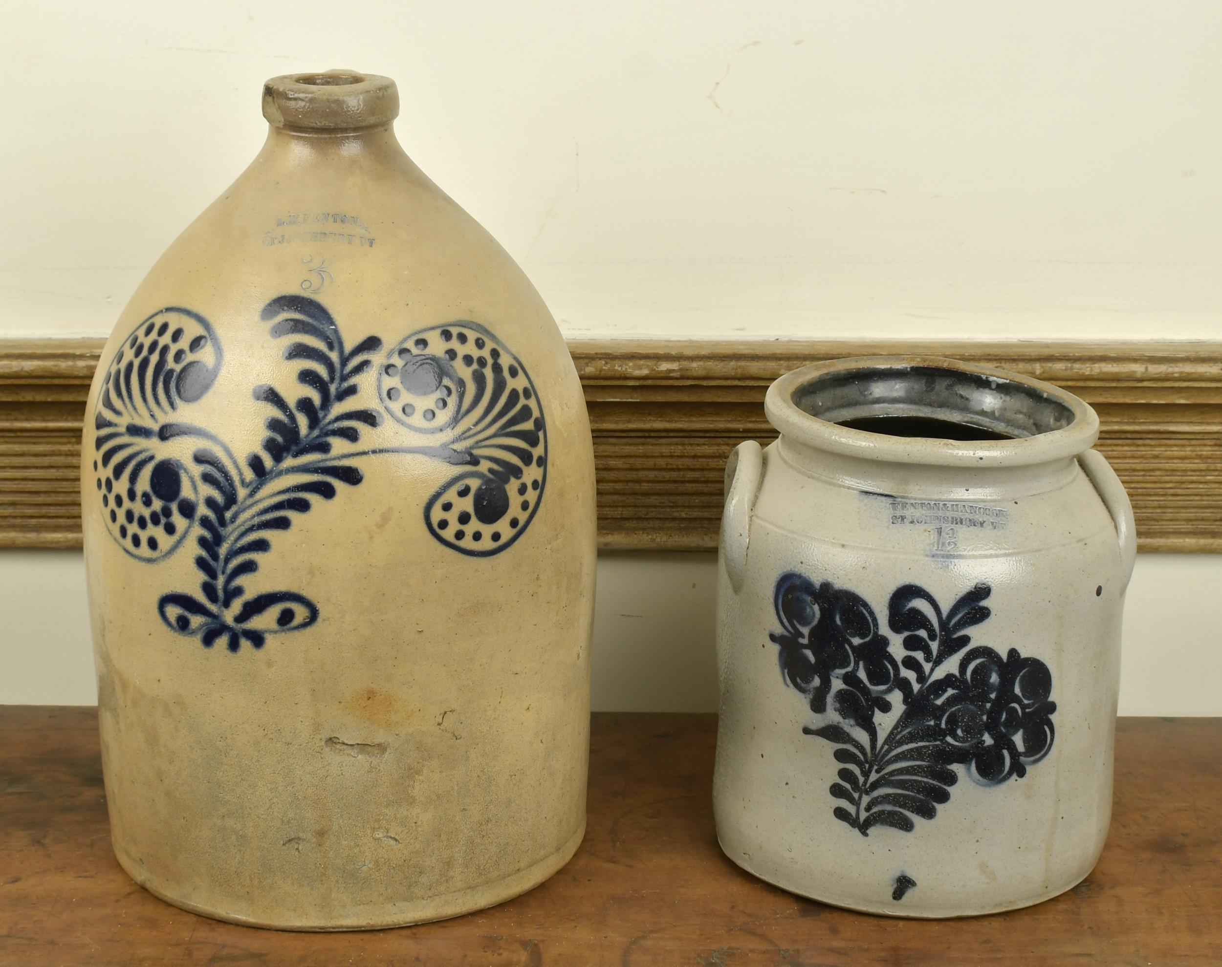 Appraisal: TWO ST JOHNSBURY VT STONEWARE CROCKS Three gallon stoneware handled