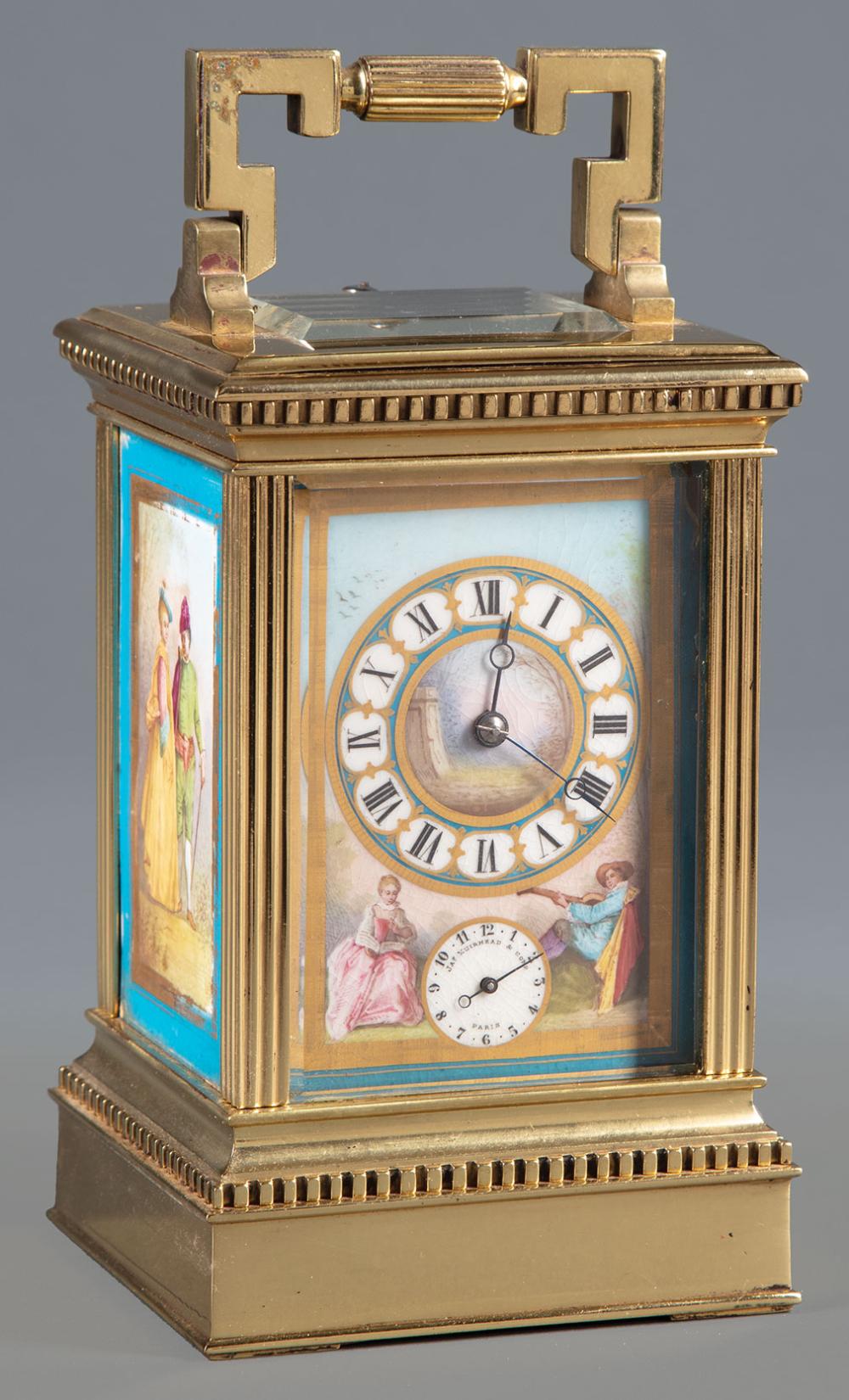 Appraisal: French Porcelain Mounted Carriage Clock dial marked Jas Muirhead Sons