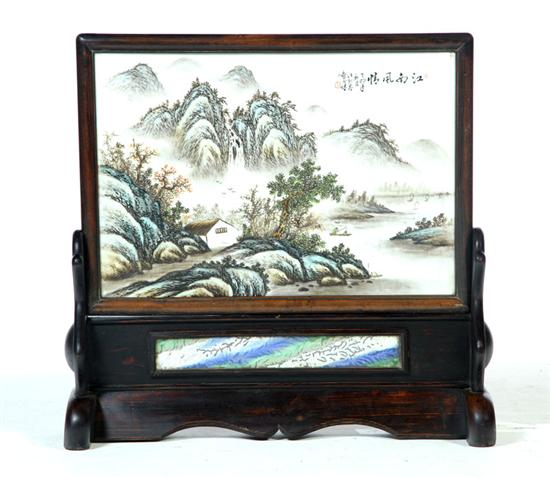 Appraisal: TABLE SCREEN China early th century Porcelain plaque in a