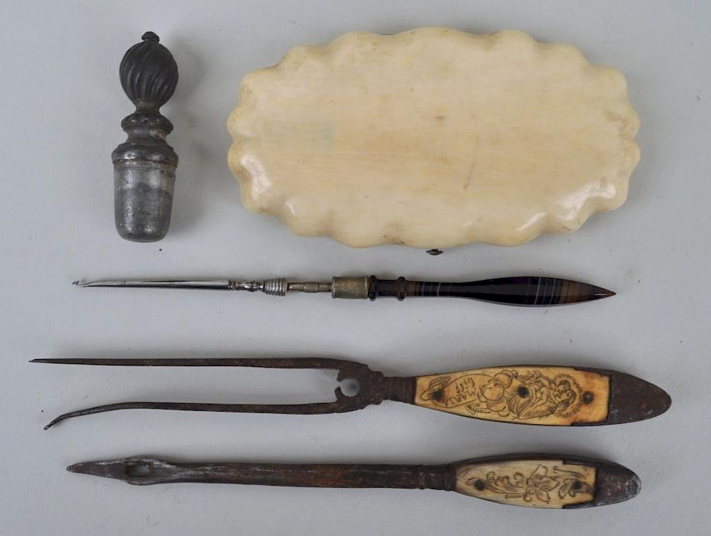 Appraisal: Early Continental Cased Sewing Kit Four Tools including one agate