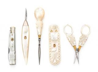 Appraisal: A Group of Five Palais Royal Mother-of-Pearl Sewing Tools comprising