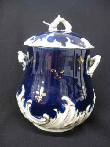 Appraisal: Victorian Porcelain Biscuit Jar gold fleur-de-lis on cobalt ''