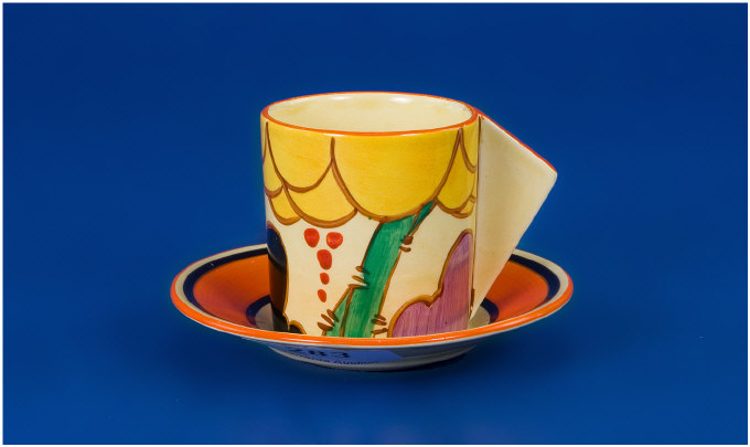 Appraisal: Clarice Cliff Conical Shaped Cup and Saucer Circa Summerhouse pattern