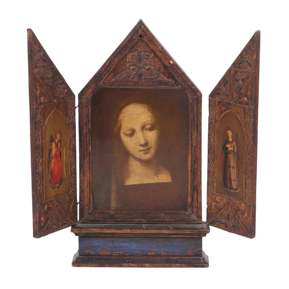 Appraisal: ITALIAN TRIPTYCH ICON MADONNA AND SAINTS CARVED PAINTED AND GILT